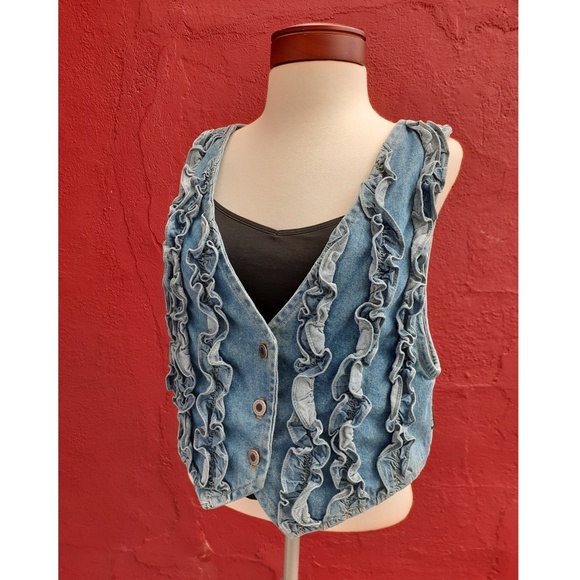 Vintage 80's Ruffle Denim Jean Vest Rare - Picture 2 of 8